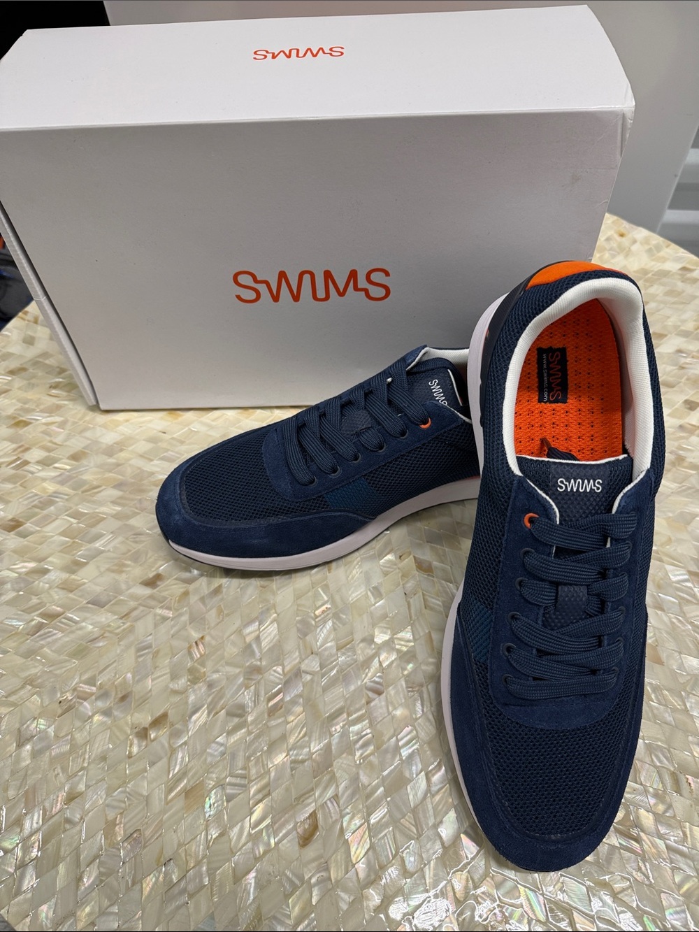 NWT Men’s Swims Navy Sneakers with Orange Accents, Size 12
